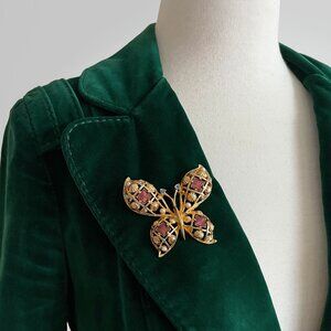 Vintage Large Butterfly Gold Tone Rhinestones & Enamel Brooch